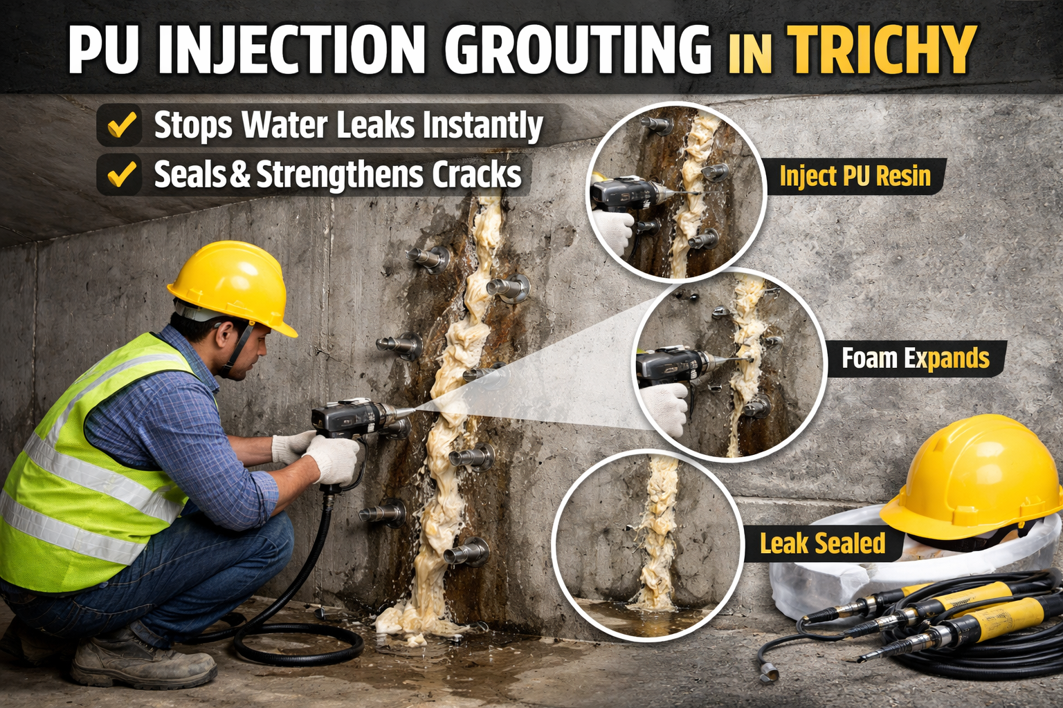 PU injection grouting work in Trichy crack leakage repair
